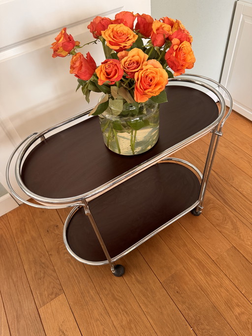 Vintage Serving Cart With Metal Frame And Wooden Trays
