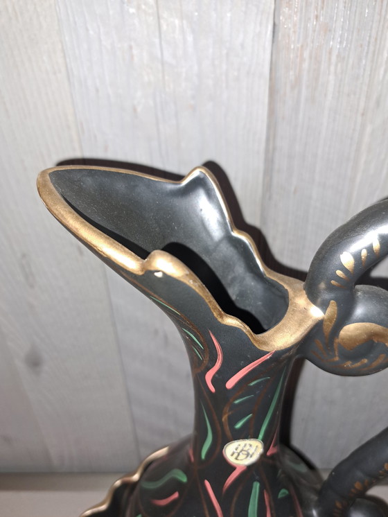 Image 1 of vintage Belgian hand-painted vase by Hubert Bequet from Quaregnon with wall plate