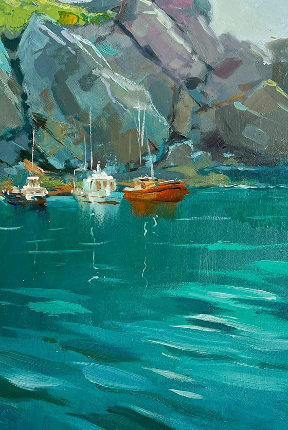 Image 1 of Original Oil Painting Rock Landscape The sea washes the mountains