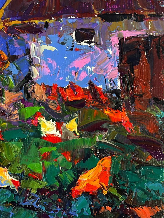 Image 1 of Origineel olieverfschilderij: Landelijk landschap, dorp, zonsondergang. De dag loopt ten einde.