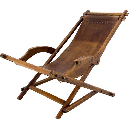 Sedia a dondolo vintage in legno di olmo e pelle, Cecoslovacchia, anni '60