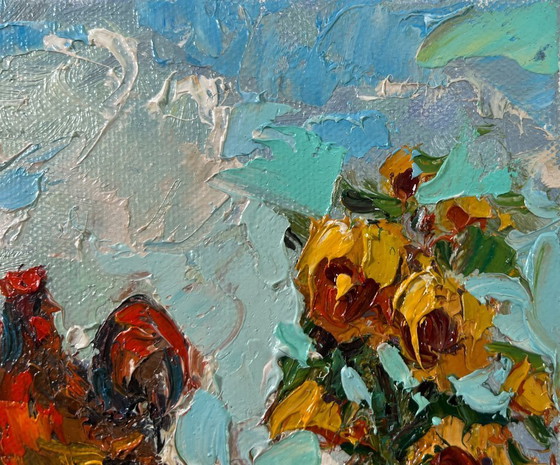 Image 1 of Peinture à l'huile originale, paysage animalier d'été, chant du coq au petit matin