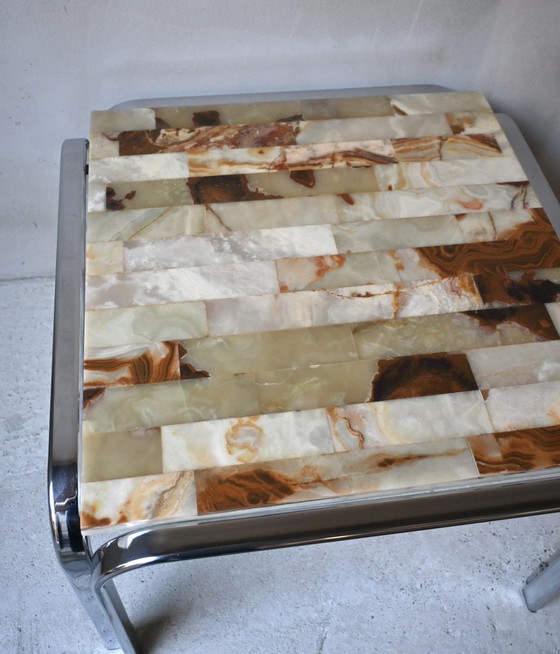 Vintage 70s Design Side Table, Onyx Mosaic & Chrome – Coffee tables, Stone, Metal (photo 4 of 12)