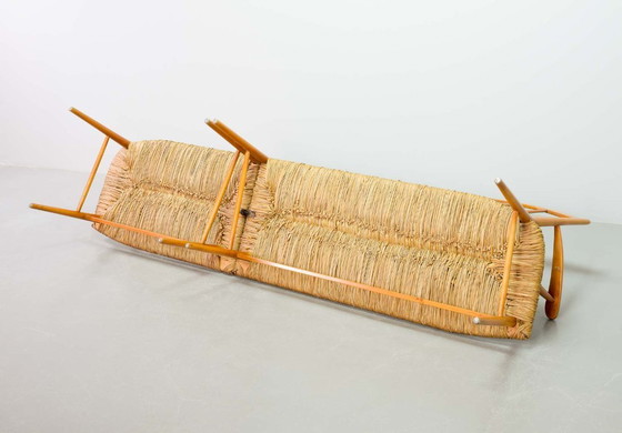 Image 1 of Large Mid-Century Design Spindle Back Bench with Rush Wickered Seatings in Style of Arno Lambrecht. Germany, 1950s. 