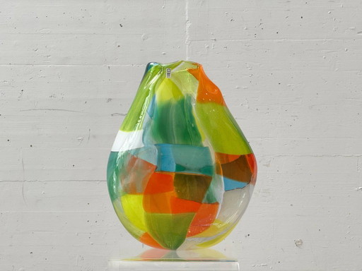 Murano style studio glass vase patchwork, Mdina Glass hand signed Malta, 1970s