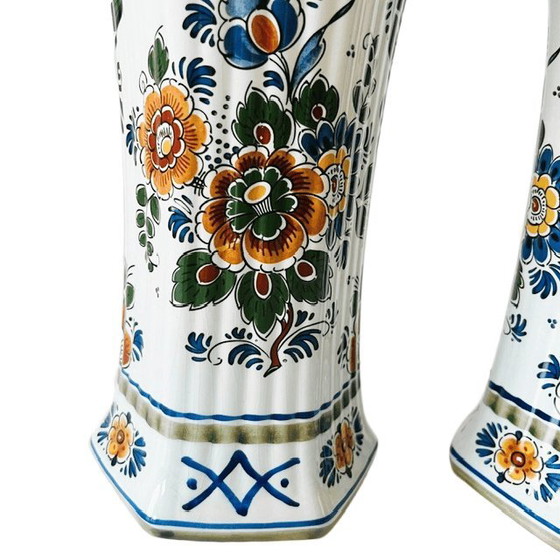 Image 1 of Vintage set of Delft Polychrome Dutch Handmade vases with floral motif, 1960s