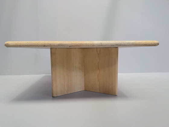 Image 1 of Vintage Travertine Coffee Table – Solid Square Stone Table with Cross Base – Postmodern 1970s Design
