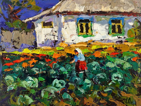 Image 1 of Original Oil Painting Summer Village Landscape The beds smell like home