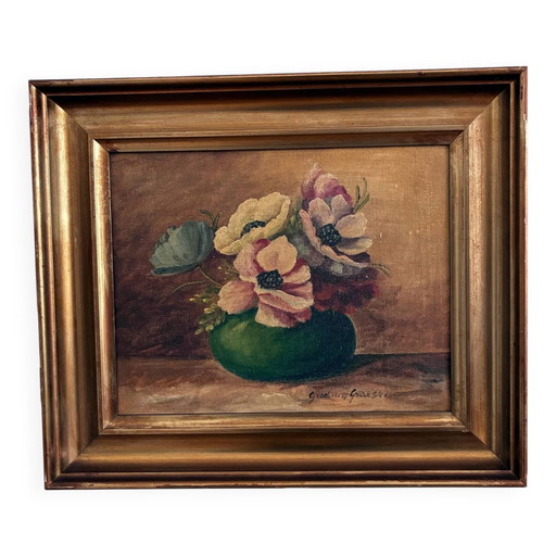 Peinture à l'huile florale originale vintage, signée.