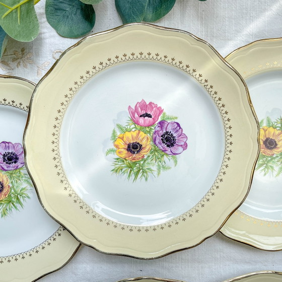 Vintage Porseleinen Dinerborden met Wit, Geel & Gouden Bloemenpatroon, L'Amandinoise "Coopélia" - Vintage (photo 2 of 16)