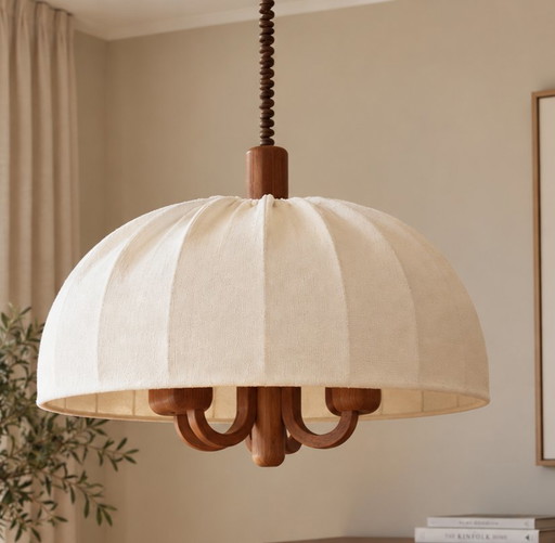 DOMUS 1970s Teak 5-Arm Pendant Lamp – Original Fabric Shade – Mid Century, Very Good Condition – hanglampen, Wood, Textile