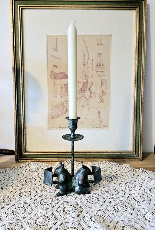 Vintage green patinated bronze effect candle holder 