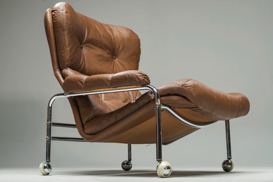 Image 1 of  Conjunto de tumbona y otomana suecas en cromo y cuero marrón de Scapa Rydaholm, años 60