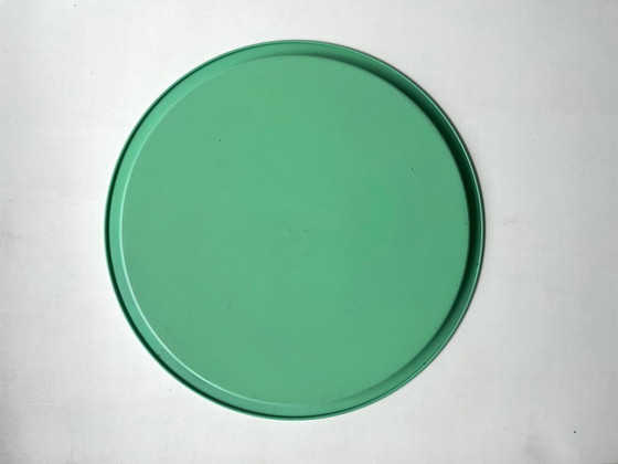 Image 1 of vassoio rotondo in metallo turchese postmoderno, vassoio vintage in metallo verde, piatto, ciotola