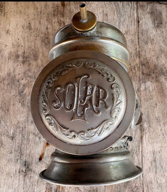 Image 1 of Antiguo Farol Carburo Americano C.M. Hall Lamp Co. "Solar Model S" (1917-1922)- Niquelado y Soporte Original