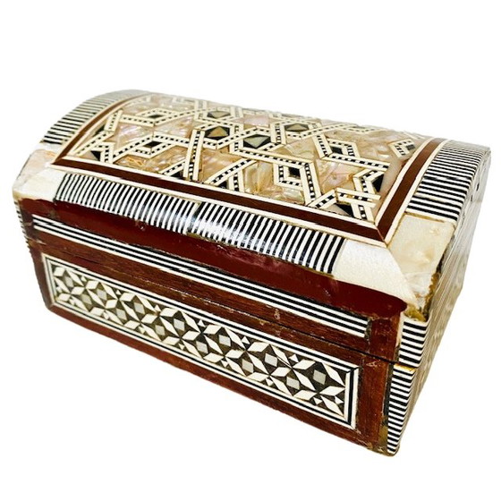 Image 1 of Vintage Khatam jewelry box mother of pearl inlay geometric 1970's