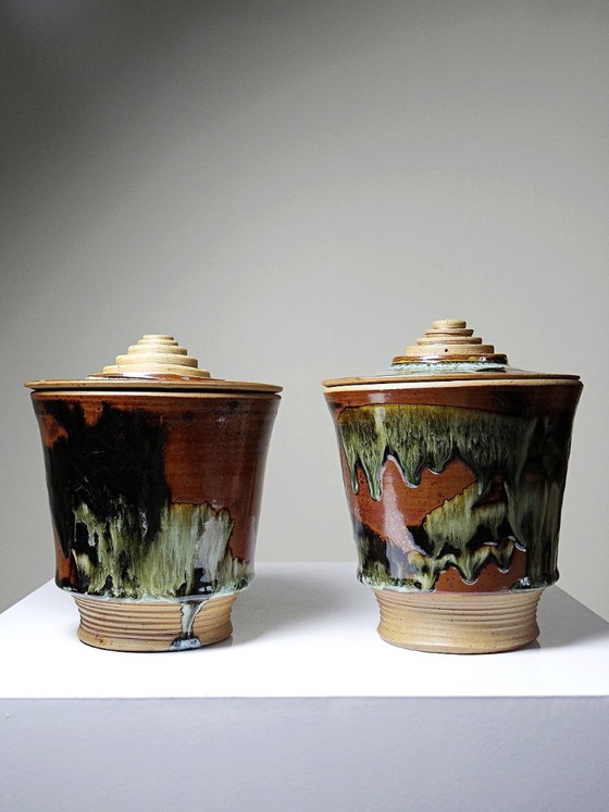 Image 1 of Pair of vintage 80s-90s Japanese-style stoneware pots from Studio Poterie, handcrafted and signed