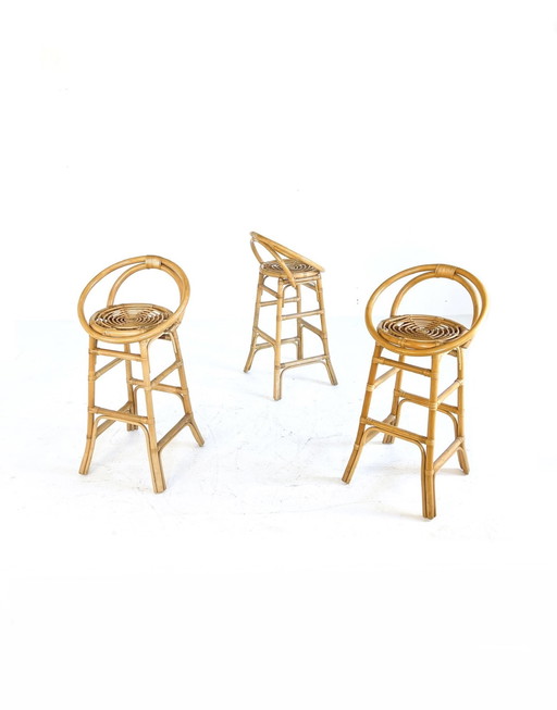 3x Tabouret de bar en rotin vintage '60