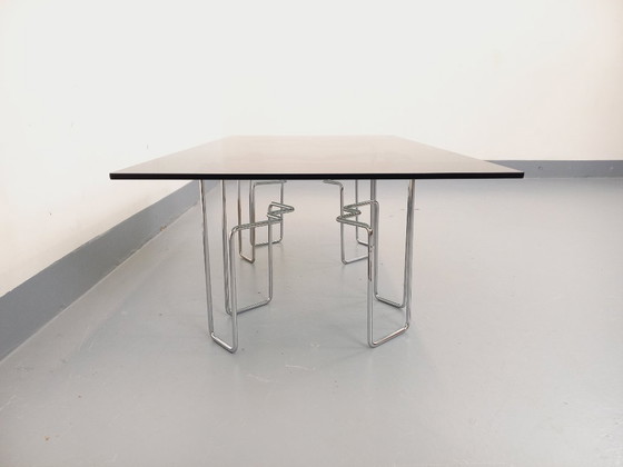 Image 1 of Vintage Space Age rectangular coffee table in smoked glass and chrome metal from the 1970s