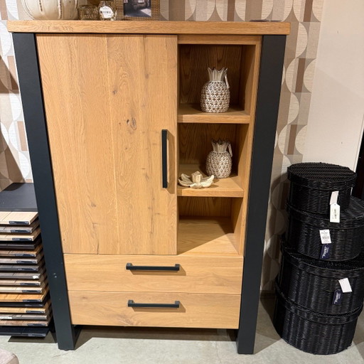 Meuble Verato - 1 porte, 2 tiroirs, 3 compartiments ouverts - Gris naturel - 100 cm – Pronto Wonen, boekenkasten, Wood