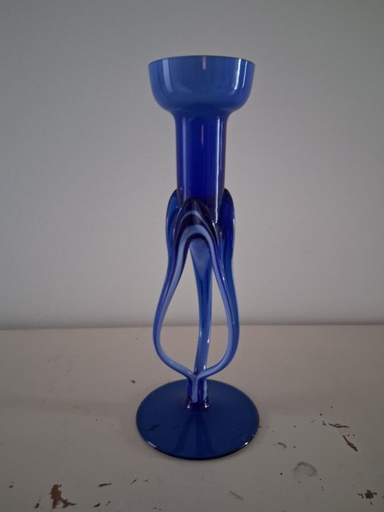 Image 1 of Józefina (Krosno, Pologne) Bougeoir en verre artistique, bleu et blanc