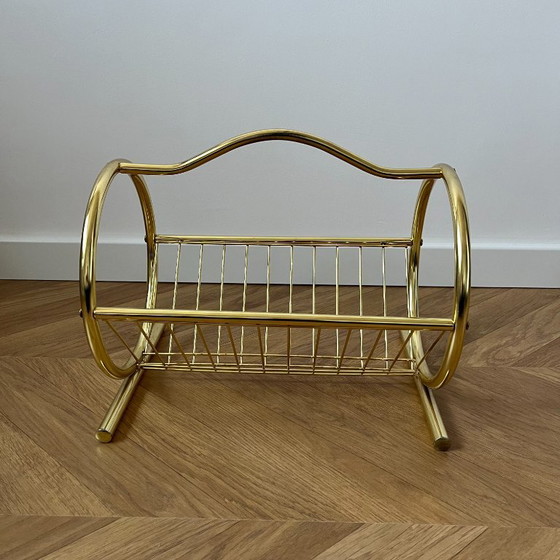 Image 1 of Gold Mid Century Magazine Rack: 70s Vintage Newspaper Holder