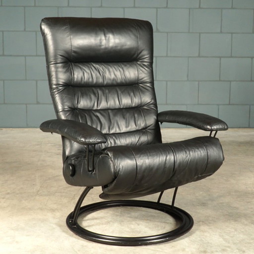 Vintage Swivel Armchair with Footrest – Recliner – 1980s – fauteuils, Metal, Leather