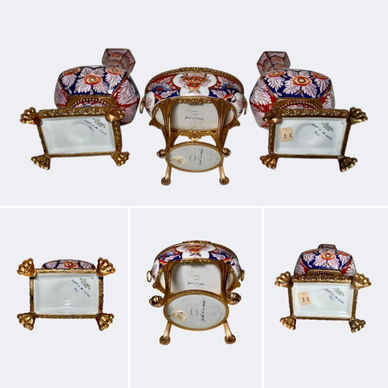 Image 1 of Limoges Porcelain Pair of Vases and Trinket Box - French Floral Imari Style Porcelain and Gilt Brass Mantel Centerpiece