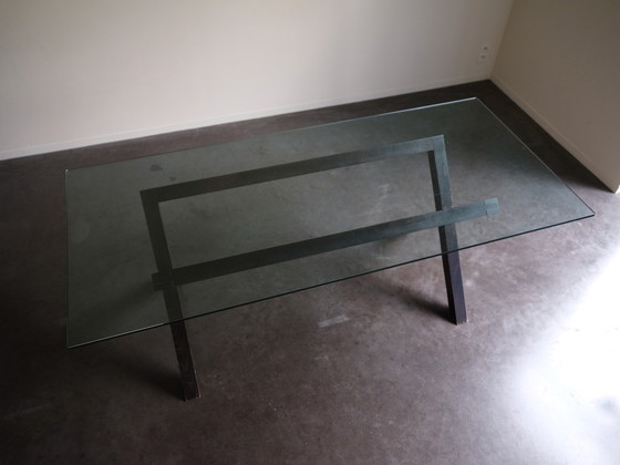 Image 1 of Glass dining table with wooden base 200x90cm