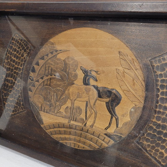 Image 1 of Tablett mit Antilopenschnitzerei, Holz, Art Deco, ps XX - Frankreich