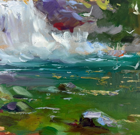 Image 1 of Original Oil Painting Coastal Rock Landscape Mountain waterfall