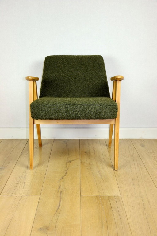 Chierowski 366 armchair, 1970s, olive green vintage boucle - light wood