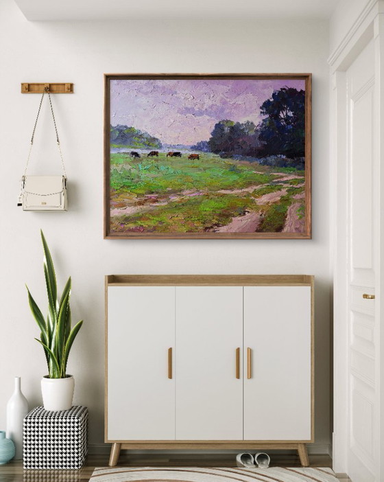 Image 1 of Original Oil Painting Rural Landscape Nature Pasture Cows in the Field
