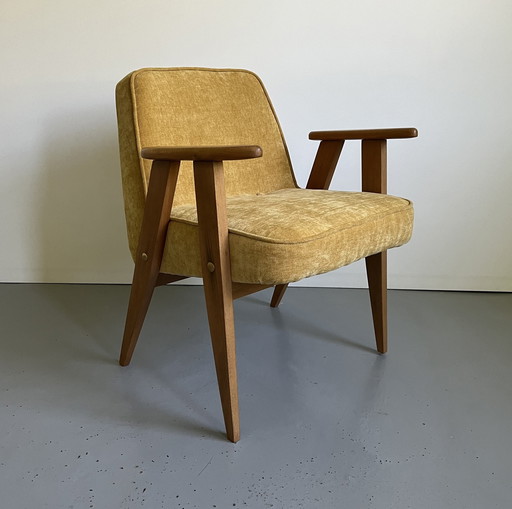 Restored Vintage Easy Chair Type 366 By J.Chierowski 1960’S Poland, Mid Century Modern Armchair In Yellow Velvet Fabric