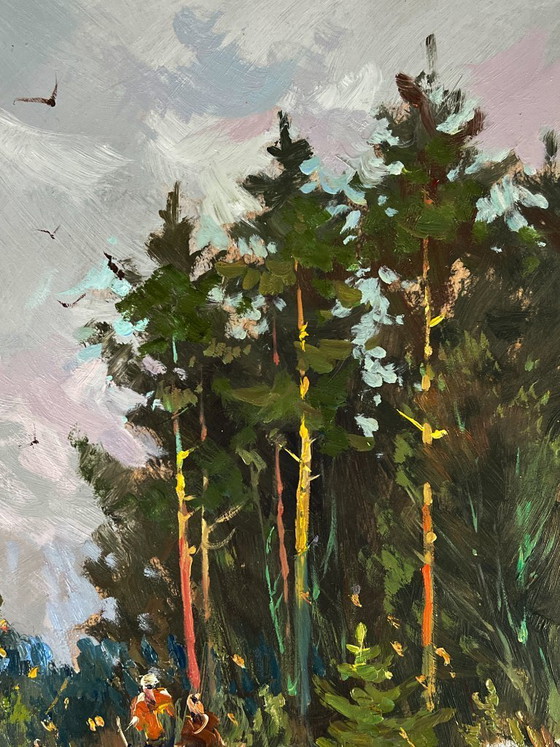 Image 1 of Peinture à l'huile originale, paysage naturel, pins enneigés, promenade dans la forêt hivernale