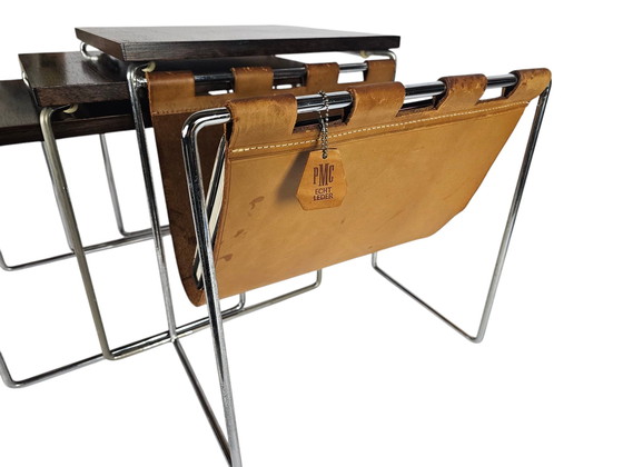 Image 1 of Dutch Design - Brabantia Holland - Mime Set - Reading Rack - Vintage Side Table With Cognac Saddle Leather Reading Rack - 60's