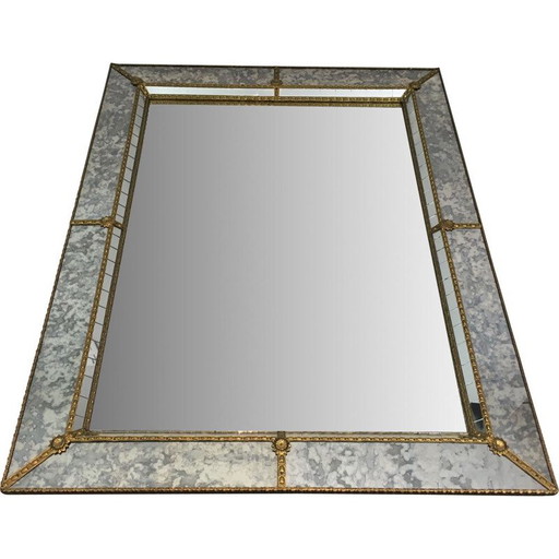 Mosaïque de miroir à facettes vintage avec fleurs et guirlandes en laiton, 1970