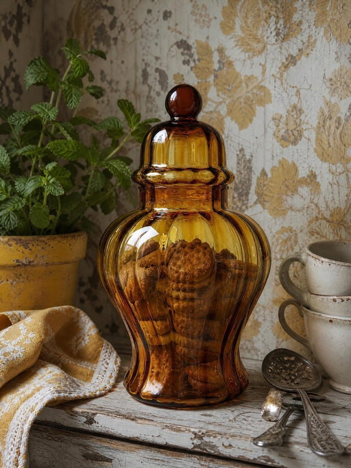 Snoepkom van geblazen amberkleurig glas uit Empoli, Italië, vintage jaren 1980-1990.