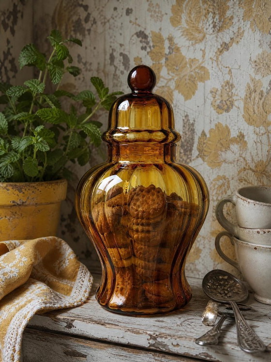Image 1 of Snoepkom van geblazen amberkleurig glas uit Empoli, Italië, vintage jaren 1980-1990.