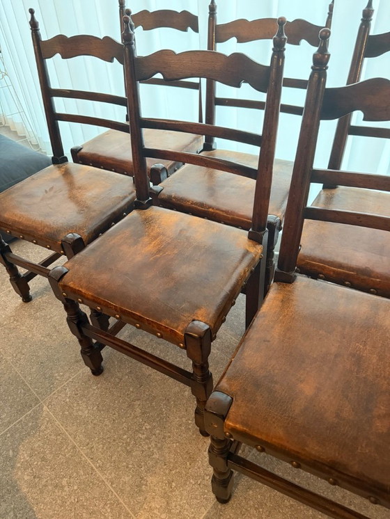 Image 1 of 6 sedie da pranzo antiche in rovere e pelle