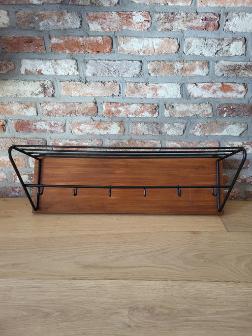 Mid - Century Modern Coat Rack, Black Metal and Teak, 6 Hooks.
