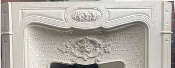 Image 1 of French Fireplace Of Cast Iron Color Ecru Powdered, Beautiful Relief Flower Vines.