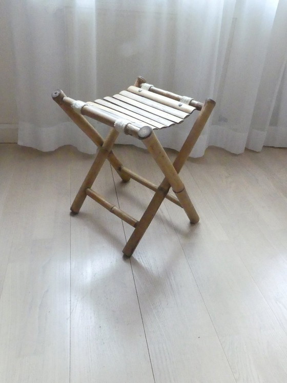 Image 1 of Vintage opvouwbare kruk, visserskruk, bamboe kruk, jaren 70, woaeb