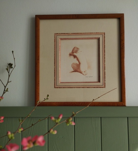 Image 1 of Female nude by Jean Vyboud. Signed and framed sanguine etching.