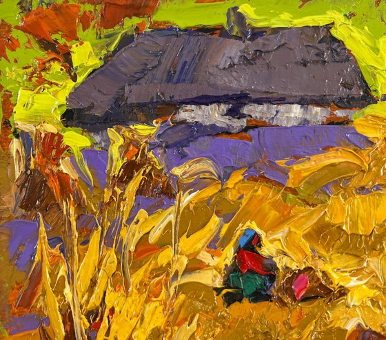 Image 1 of Original Oil Painting Evening House Landscape After the harvest - peace