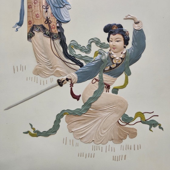Vintage Chinees Dubbelzijdig Kamerscherm Dames In Landschap / Oosters / Aziatisch / Bohemian Paravent (photo 9 of 15)