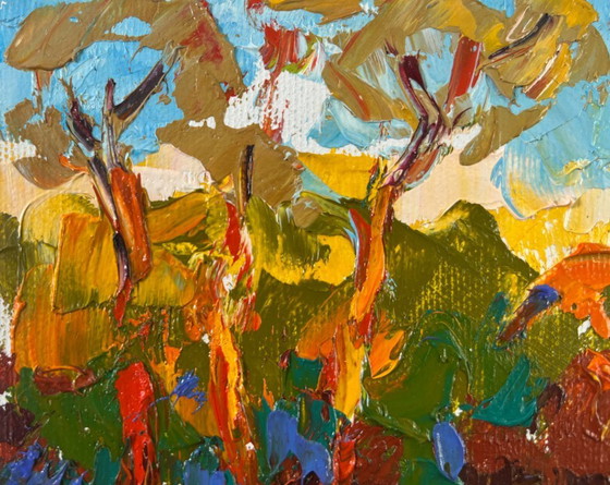 Image 1 of Original Oil Painting Colorful Trees Landscape Summer evening in the forest