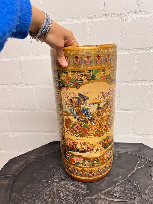 Vintage Satsuma large floor vase umbrella stand Japanese chinoiserie ceramic vase
