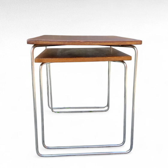 Image 1 of Juego de 2 mesas auxiliares Brabantia, tablero de wengué, patas cromadas