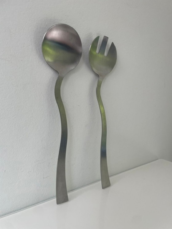 Image 1 of Eleganti posate da insalata in acciaio inossidabile dalla forma ondulata